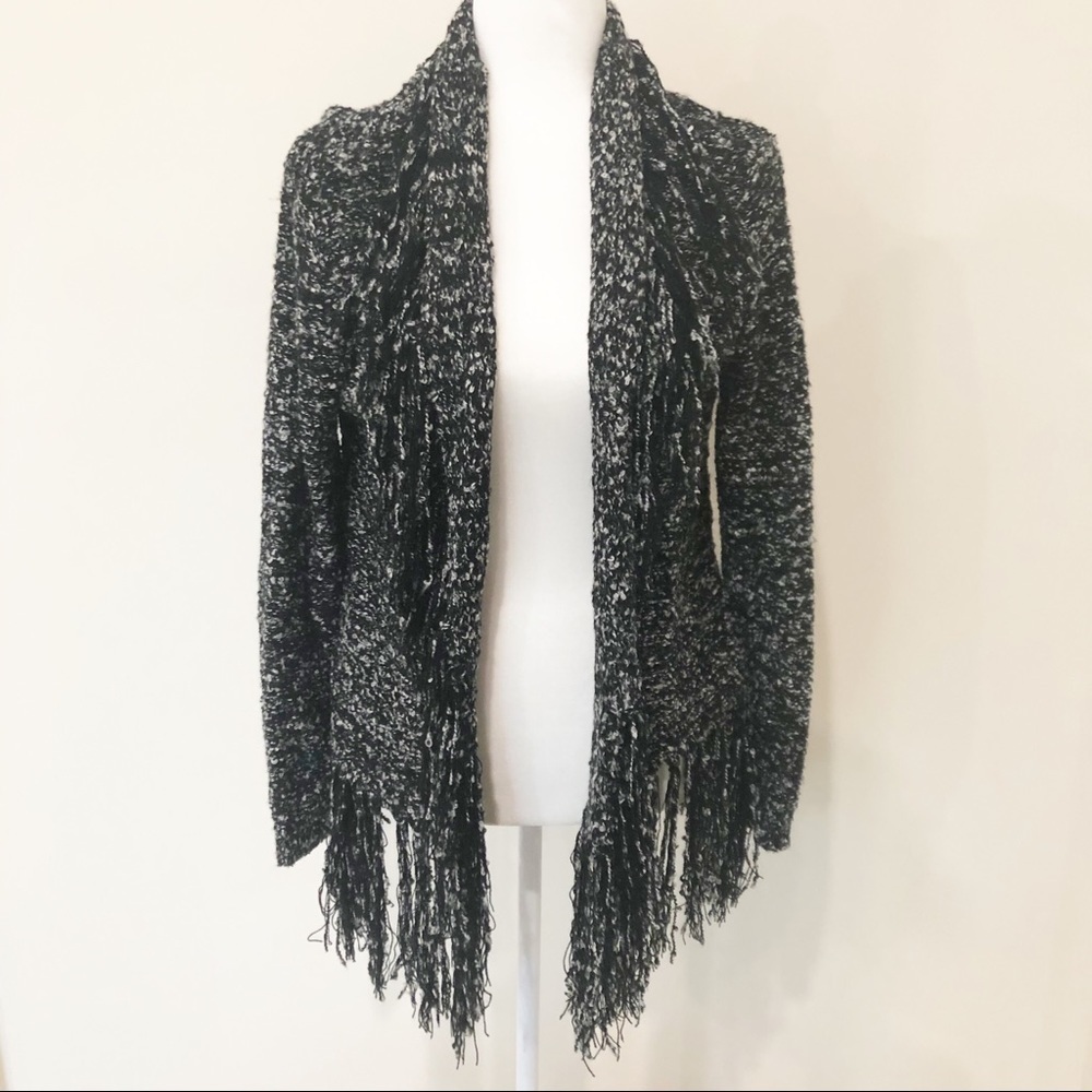 Whimsigoth Boho Hippie Black Fringe Cardigan Sweater Cozy Small